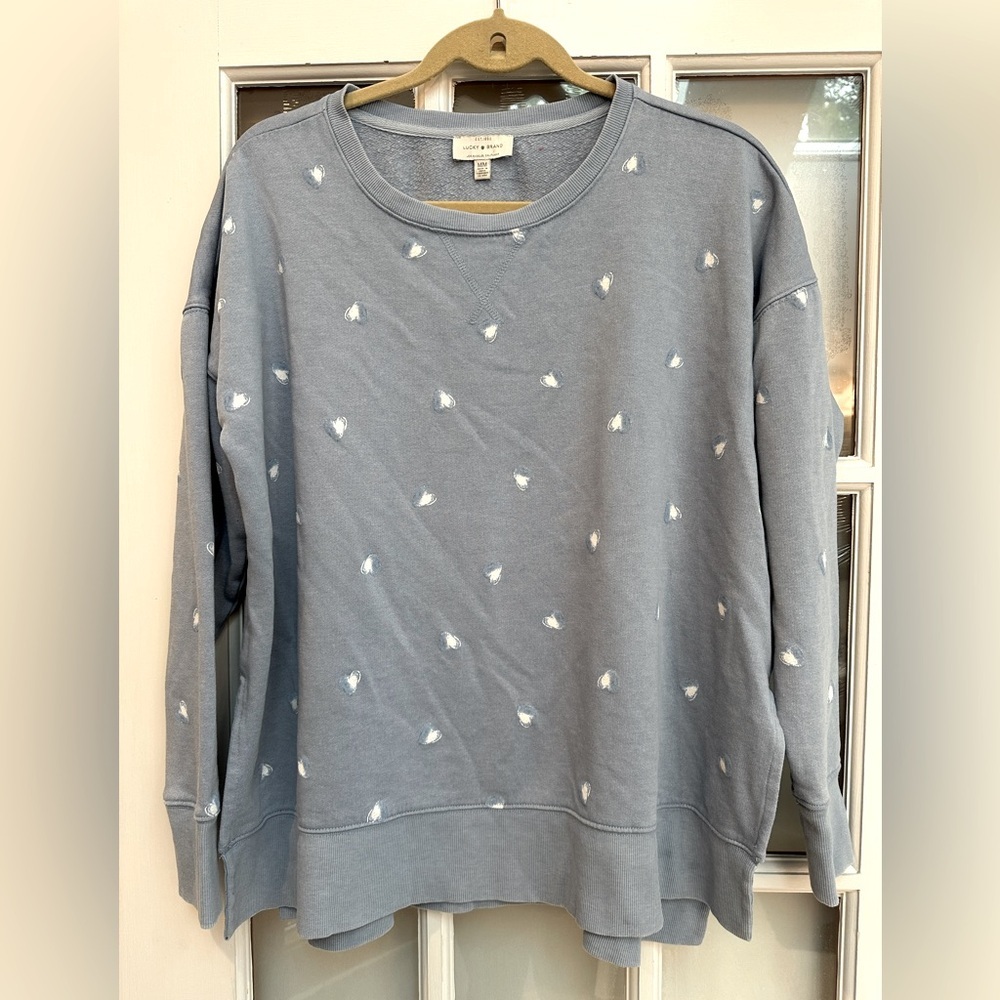 Lucky Brand Blue & White Hearts Pullover Crew Neck Sweatshirt Size Medium M